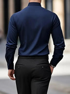 Navy Blue Men's Tailored Executive Shirt in Stretch-Fit Cotton with Button-Front Design - Back Collar View
