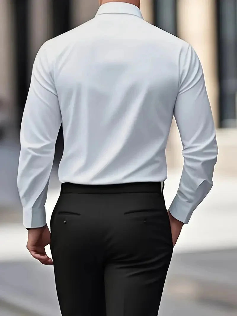 White Men's Tailored Executive Shirt in Stretch-Fit Cotton with Button-Front Design — Caleb - Back Full View
