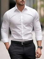 White Men's Tailored Executive Shirt in Stretch-Fit Cotton with Button-Front Design