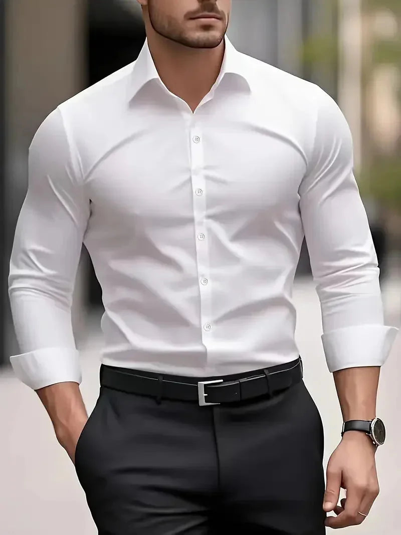 White Men's Tailored Executive Shirt in Stretch-Fit Cotton with Button-Front Design