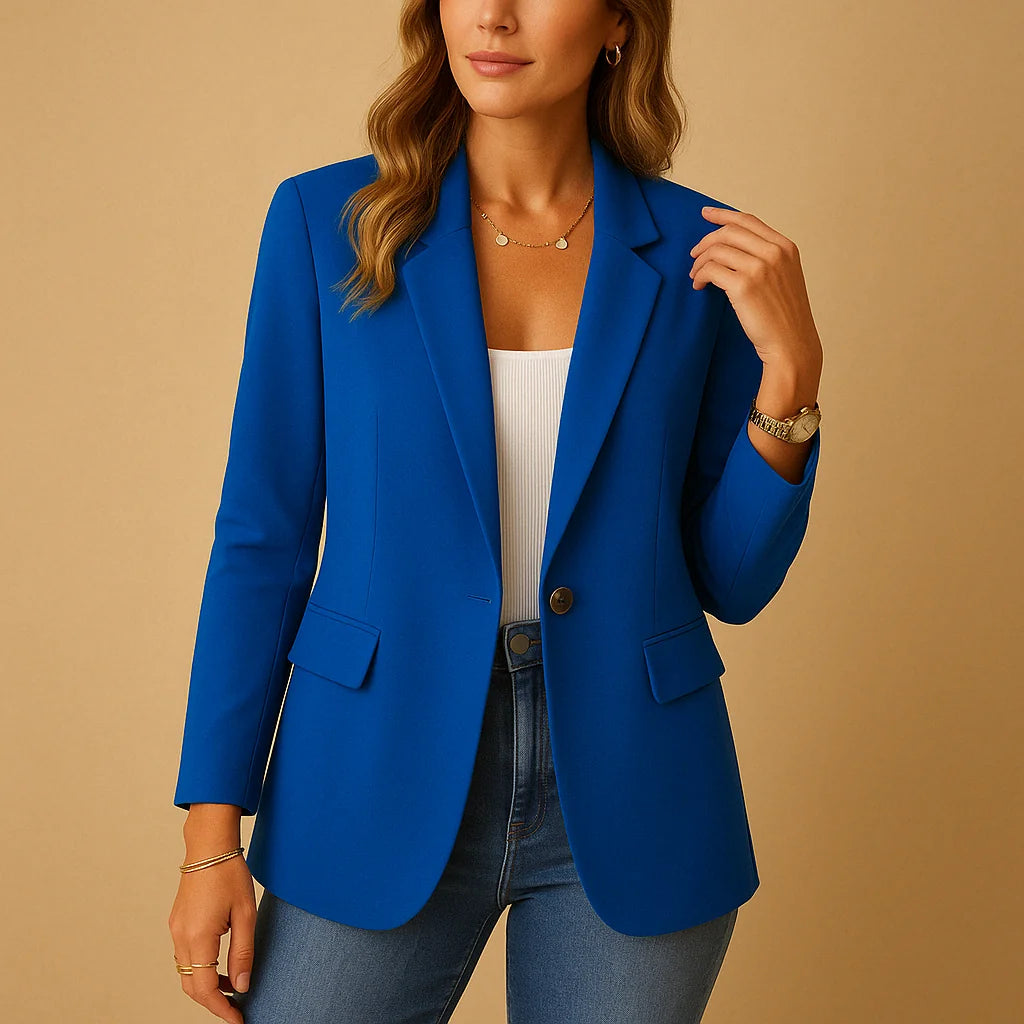 Blue Women's Tailored Single-Breasted Blazer — Vera One-Button Notch-Lapel Office - Close Up Lapel