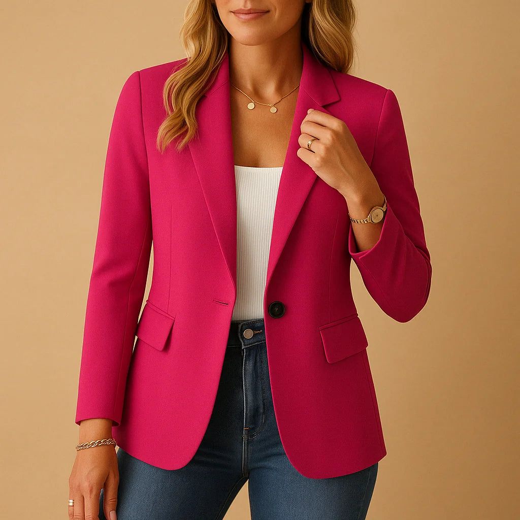 Pink Women's Tailored Single-Breasted Blazer — Vera One-Button Notch-Lapel Office - Close Up Torso