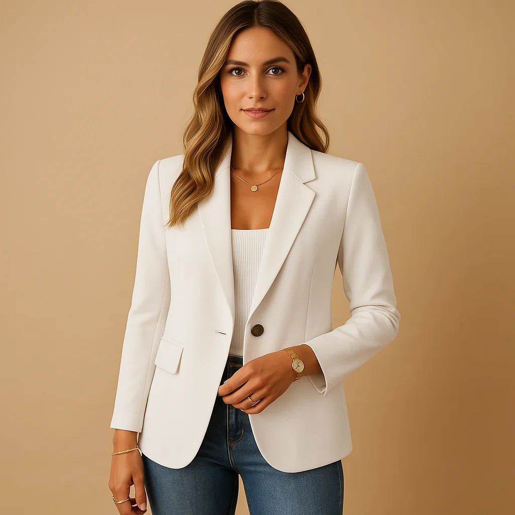 White Women's Tailored Single-Breasted Blazer — Vera One-Button Notch-Lapel Office - Front Full