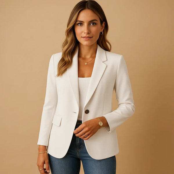 White Women's Tailored Single-Breasted Blazer — Vera One-Button Notch-Lapel Office - Front Full