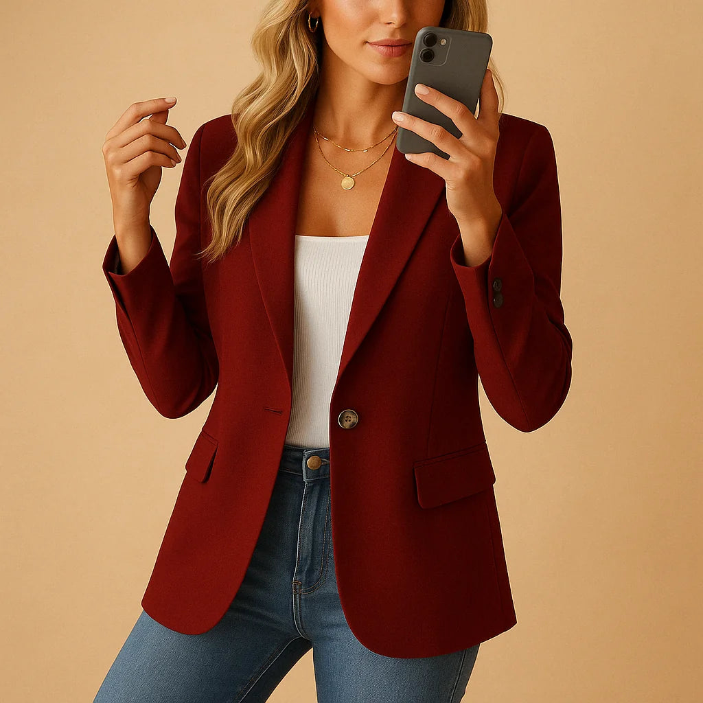 Wine Women's Tailored Single-Breasted Blazer — Vera One-Button Notch-Lapel Office - Phone Selfie