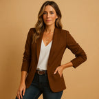 Brown Women's Tailored Slim Fit Blazer - Front Portrait Hand Hip