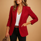Dark Red Women's Tailored Slim Fit Blazer - Front Crop Smiling Holding Bag