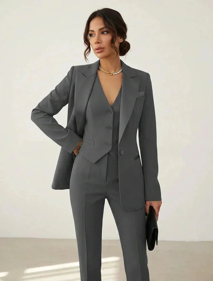 Gray Women's Three Piece Tailored Suit Set with Satin-Lapel Blazer & Vest — Liana
