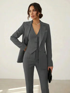 Gray Women's Three Piece Tailored Suit Set with Satin-Lapel Blazer & Vest — Liana
