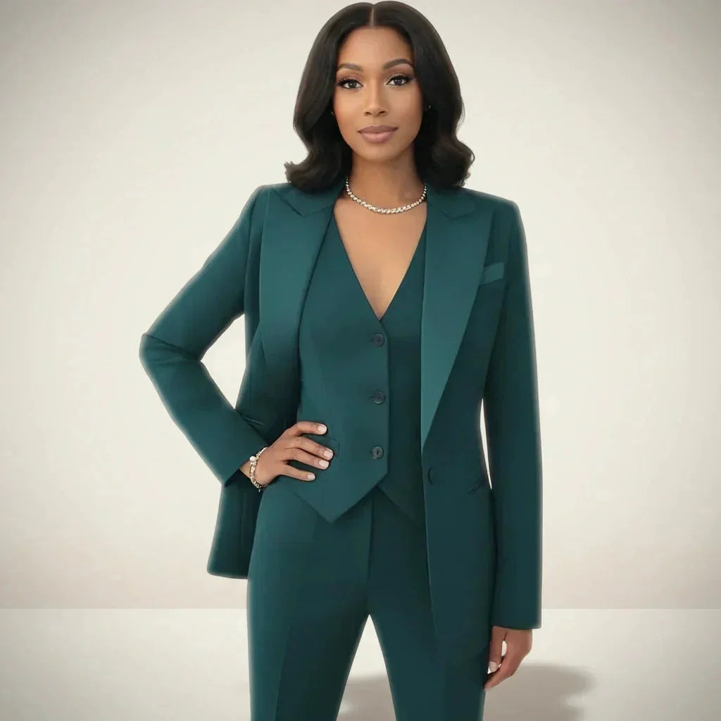 Green Women's Three Piece Tailored Suit Set with Satin-Lapel Blazer & Vest — Liana