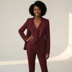 Wine Women's Three Piece Tailored Suit Set with Satin-Lapel Blazer & Vest — Liana - Red