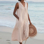 Beige Women's Lightweight Summer Midi Dress with Tiered Linen Hem & V-Neck