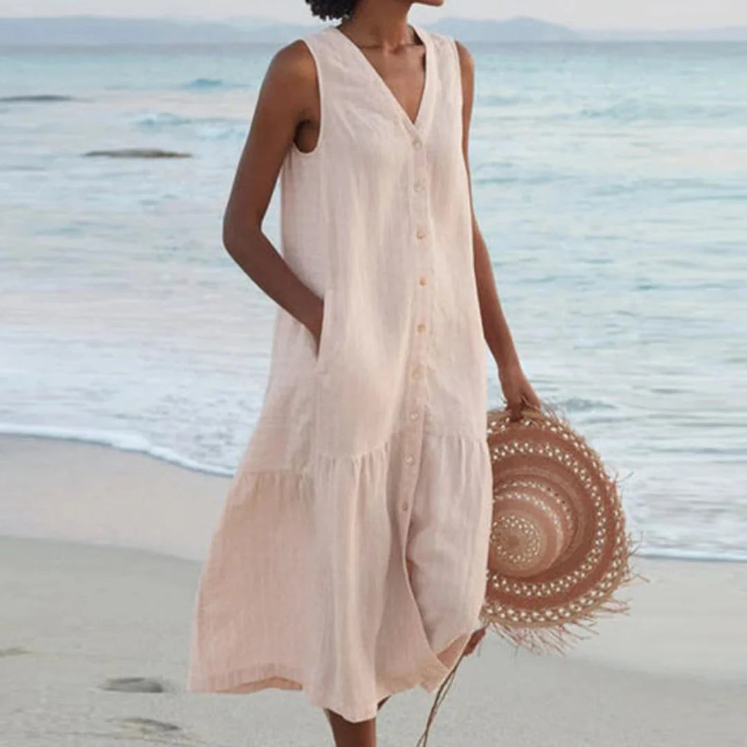 Beige Women's Lightweight Summer Midi Dress with Tiered Linen Hem & V-Neck