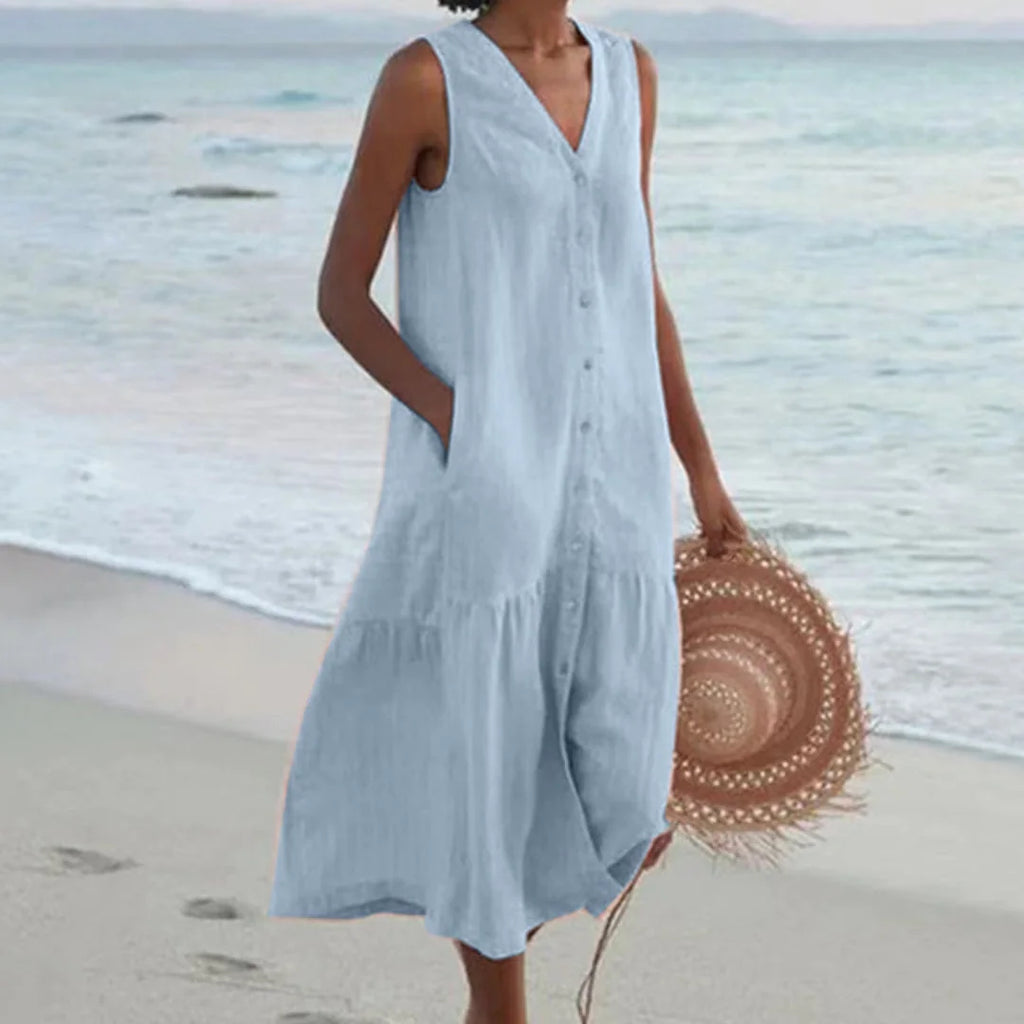 Blue Women's Lightweight Summer Midi Dress with Tiered Linen Hem & V-Neck
