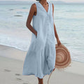 Women's Lightweight Summer Midi Dress with Tiered Linen Hem & V-Neck — Adeline