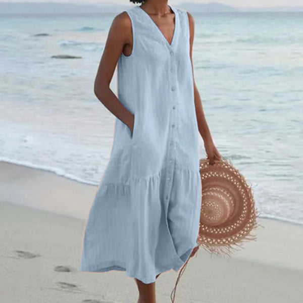 Blue Women's Lightweight Summer Midi Dress with Tiered Linen Hem & V-Neck