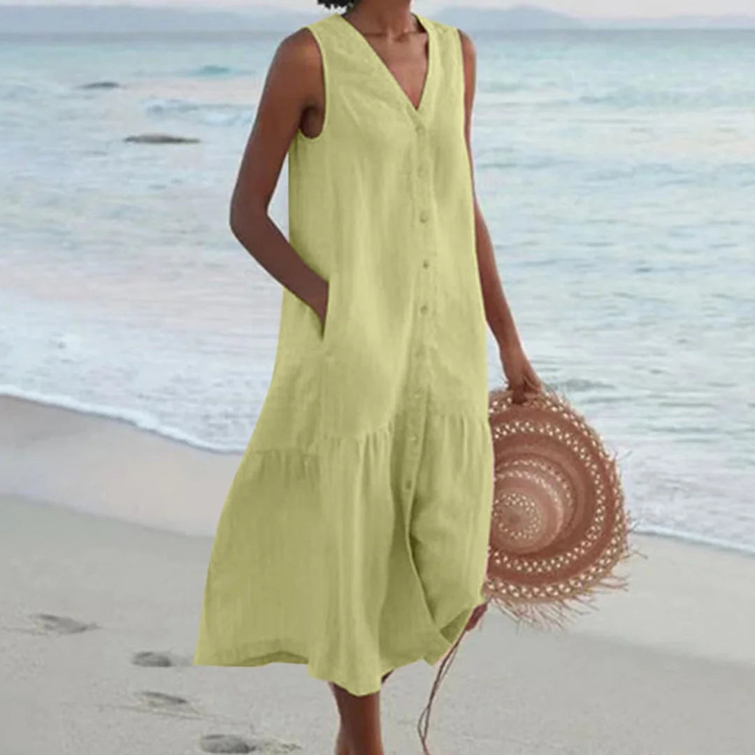 Green Women's Lightweight Summer Midi Dress with Tiered Linen Hem & V-Neck — Adeline