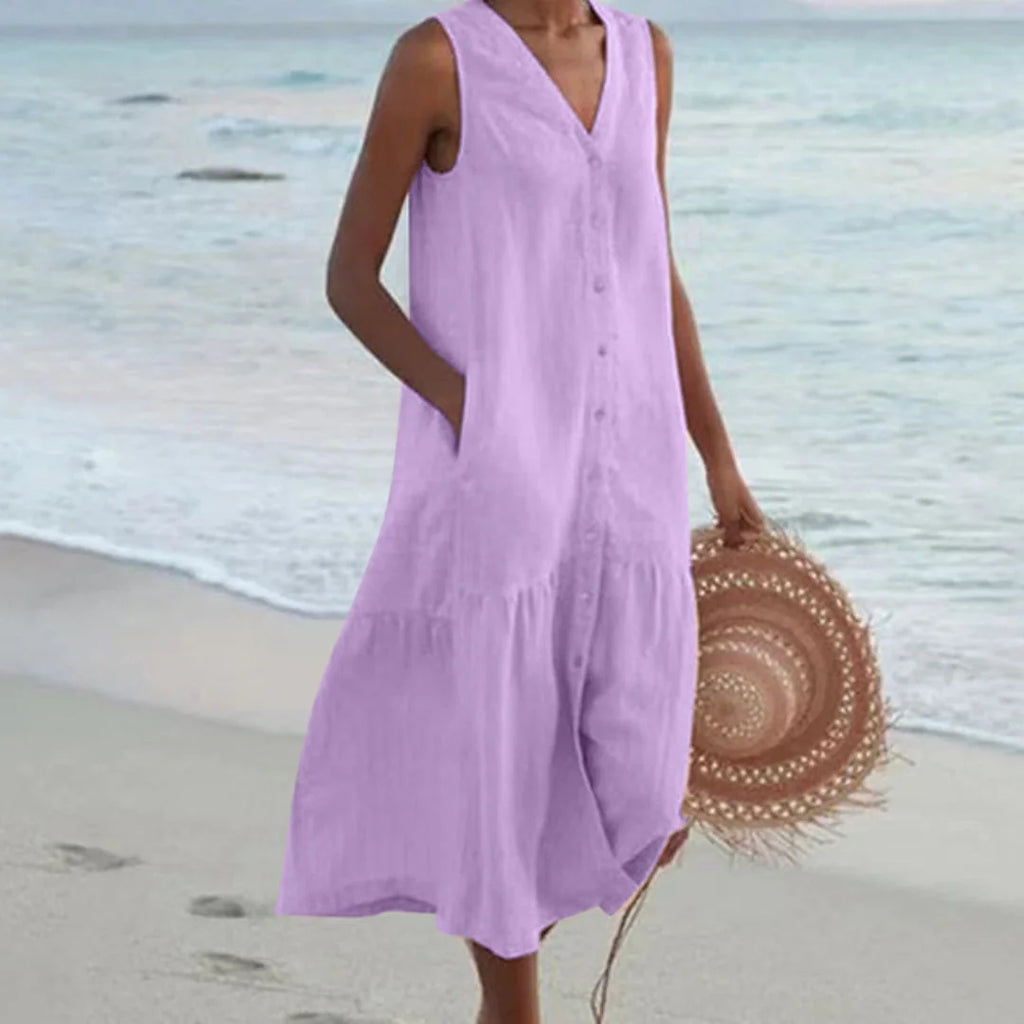 Purple Women's Lightweight Summer Midi Dress with Tiered Linen Hem & V-Neck — Adeline - Side Pose