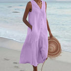 Purple Women's Lightweight Summer Midi Dress with Tiered Linen Hem & V-Neck — Adeline - Side Pose