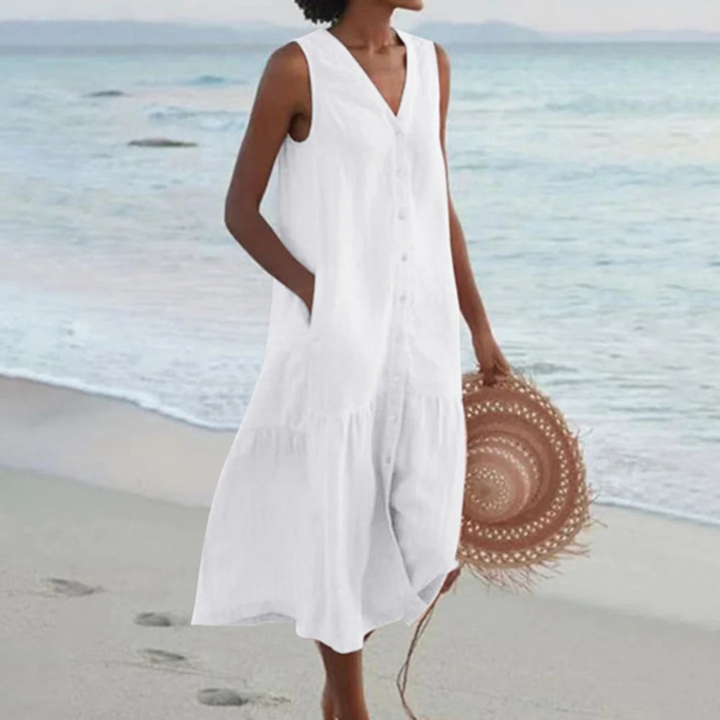 White Women's Lightweight Summer Midi Dress with Tiered Linen Hem & V-Neck - Model Walking