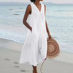 White Women's Lightweight Summer Midi Dress with Tiered Linen Hem & V-Neck - Model Walking