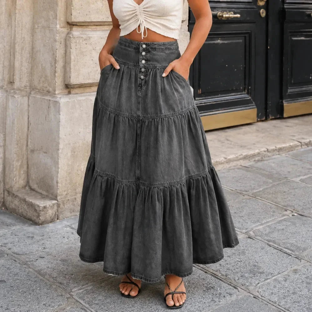 Black Women's Tiered Denim Maxi Skirt — Violetta Light-Wash Button-Front High-Waisted - Front Full Dark