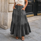 Black Women's Tiered Denim Maxi Skirt — Violetta Light-Wash Button-Front High-Waisted - Front Full Dark