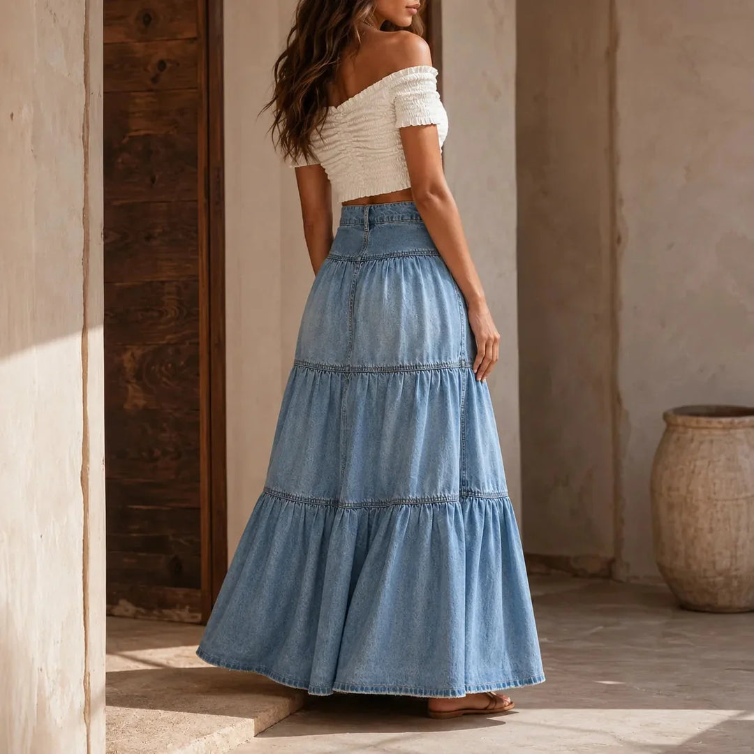 Light Blue Women's Tiered Denim Maxi Skirt — Violetta Light-Wash Button-Front High-Waisted - Back Full