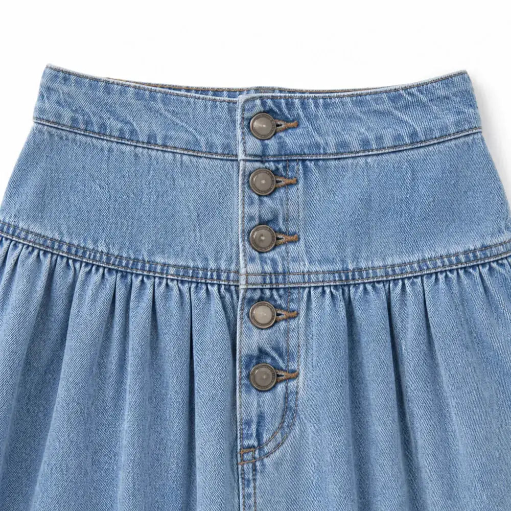 Light Blue Women's Tiered Denim Maxi Skirt — Violetta Light-Wash Button-Front High-Waisted - Button Waist Detail