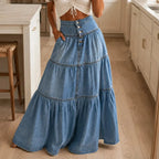 Light Blue Women's Tiered Denim Maxi Skirt — Violetta Light-Wash Button-Front High-Waisted - Front Full Pose