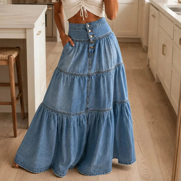 Light Blue Women's Tiered Denim Maxi Skirt — Violetta Light-Wash Button-Front High-Waisted - Front Full Pose