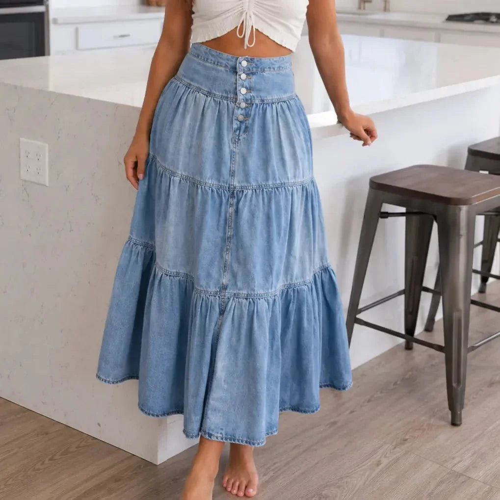 Light Blue Women's Tiered Denim Maxi Skirt — Violetta Light-Wash Button-Front High-Waisted - Kitchen Front Pose