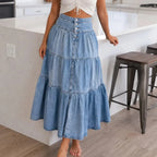 Light Blue Women's Tiered Denim Maxi Skirt — Violetta Light-Wash Button-Front High-Waisted - Kitchen Front Pose