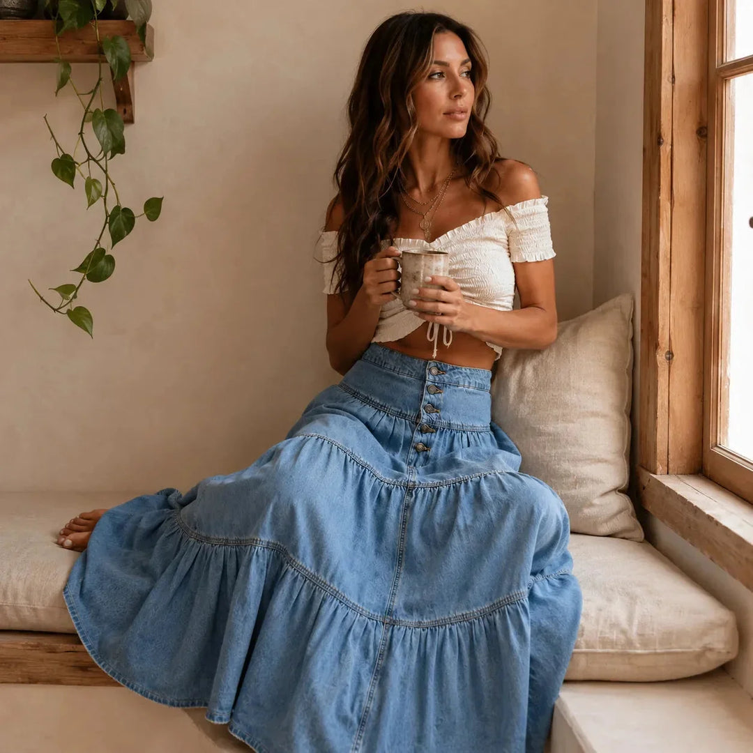 Light Blue Women's Tiered Denim Maxi Skirt — Violetta Light-Wash Button-Front High-Waisted - Seated Lifestyle