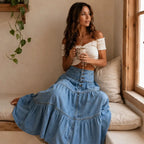 Light Blue Women's Tiered Denim Maxi Skirt — Violetta Light-Wash Button-Front High-Waisted - Seated Lifestyle