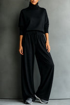 Black Women's Turtleneck Pants Set with Wide-Leg Silhouette & Cozy Knit Feel