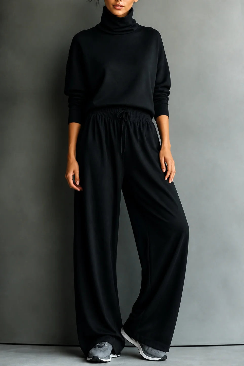 Black Women's Turtleneck Pants Set with Wide-Leg Silhouette & Cozy Knit Feel