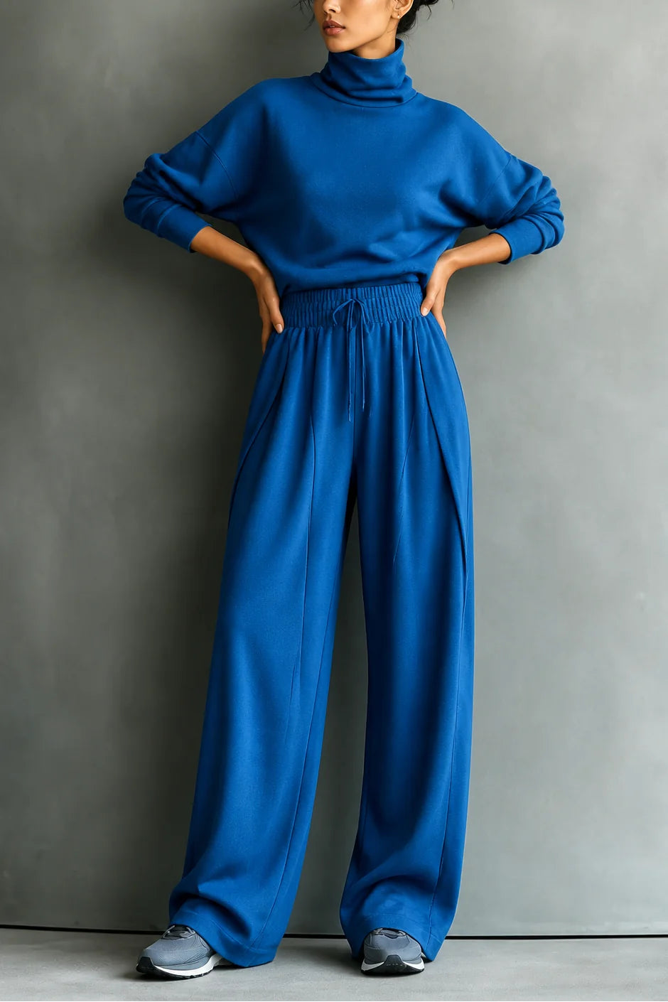 Blue Women's Turtleneck Pants Set with Wide-Leg Silhouette & Cozy Knit Feel