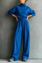 Blue Women's Turtleneck Pants Set with Wide-Leg Silhouette & Cozy Knit Feel