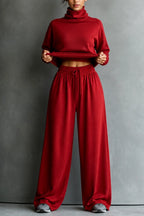 Dark Red Women's Turtleneck Pants Set with Wide-Leg Silhouette & Cozy Knit Feel