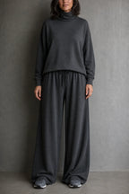 Women's Turtleneck Pants Set with Wide-Leg Silhouette & Cozy Knit Feel - Front Full