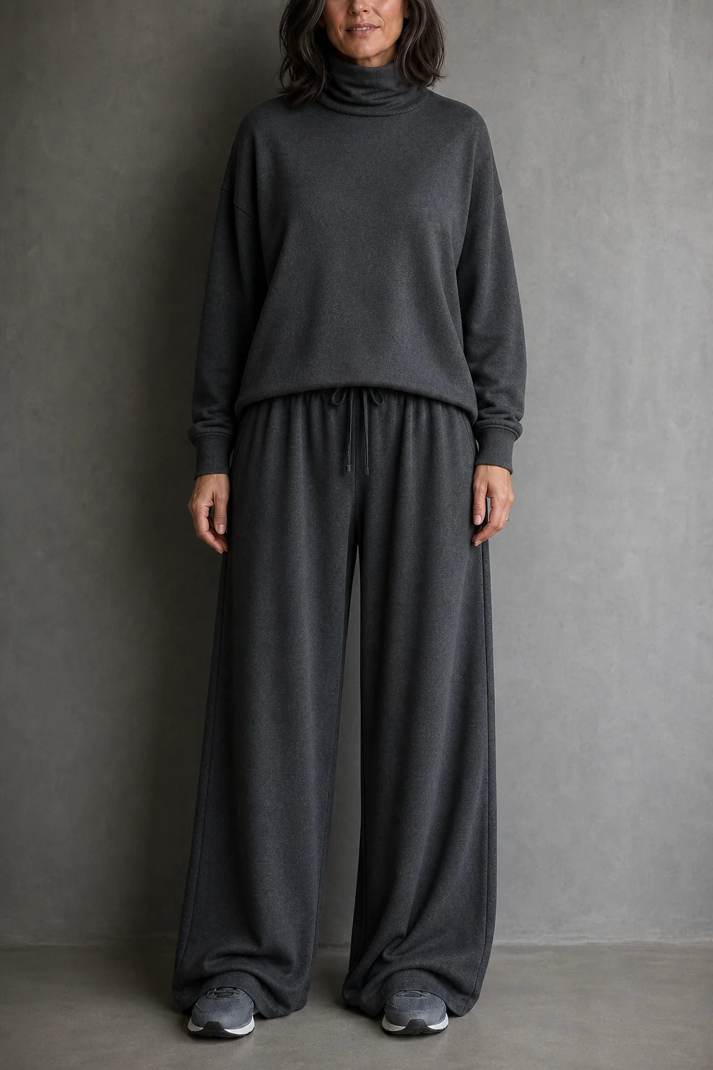 Women's Turtleneck Pants Set with Wide-Leg Silhouette & Cozy Knit Feel - Front Full