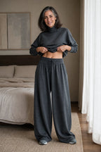 Women's Turtleneck Pants Set with Wide-Leg Silhouette & Cozy Knit Feel - Lifestyle Bedroom