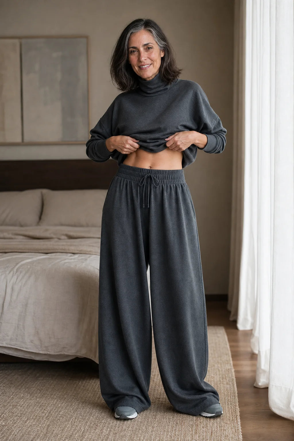 Women's Turtleneck Pants Set with Wide-Leg Silhouette & Cozy Knit Feel - Lifestyle Bedroom