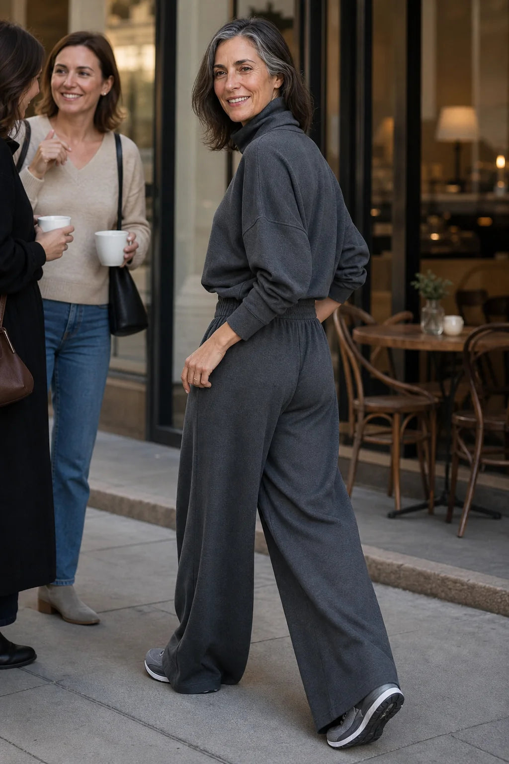 Women's Turtleneck Pants Set with Wide-Leg Silhouette & Cozy Knit Feel - Outdoor Walking