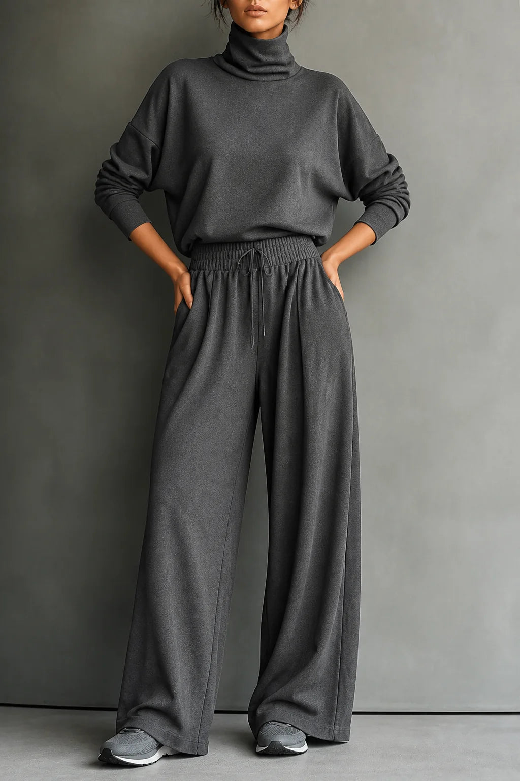 Grey Women's Turtleneck Pants Set with Wide-Leg Silhouette & Cozy Knit Feel