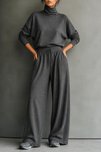 Grey Women's Turtleneck Pants Set with Wide-Leg Silhouette & Cozy Knit Feel