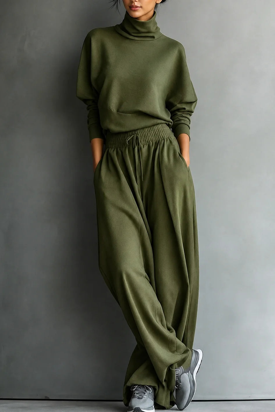 Olive Green Women's Turtleneck Pants Set with Wide-Leg Silhouette & Cozy Knit Feel