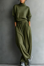 Olive Green Women's Turtleneck Pants Set with Wide-Leg Silhouette & Cozy Knit Feel