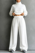 White Women's Turtleneck Pants Set with Wide-Leg Silhouette & Cozy Knit Feel